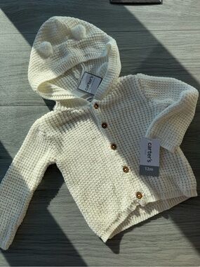 Carter's White Hooded Knit Cardigan with Pom Details